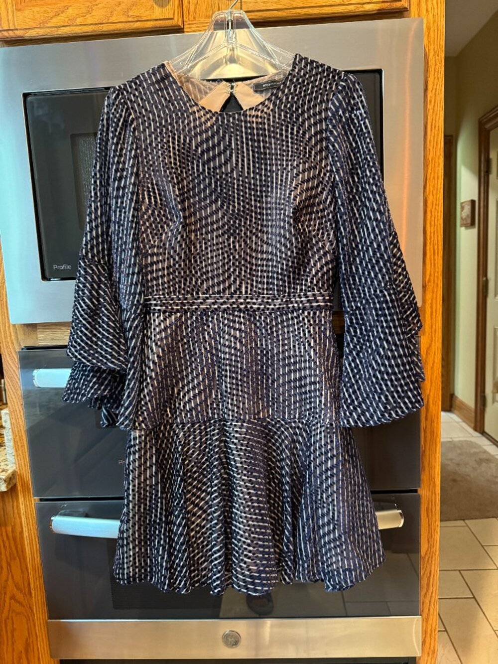 BCBGMaxazria Baylee Navy Blue Velvet Dots Open Back Ruffle Mini Dress 6
